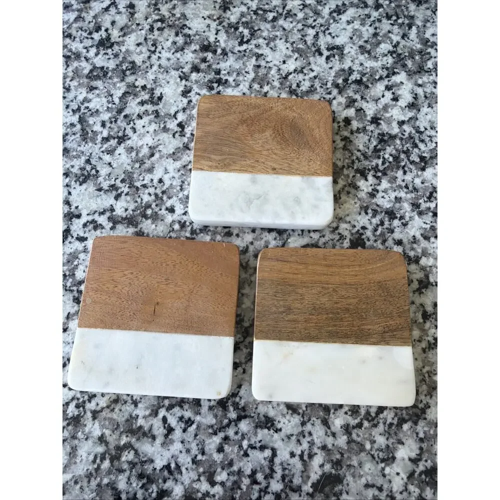 Manchester Coaster Set White Marble & Wood Threshold 4